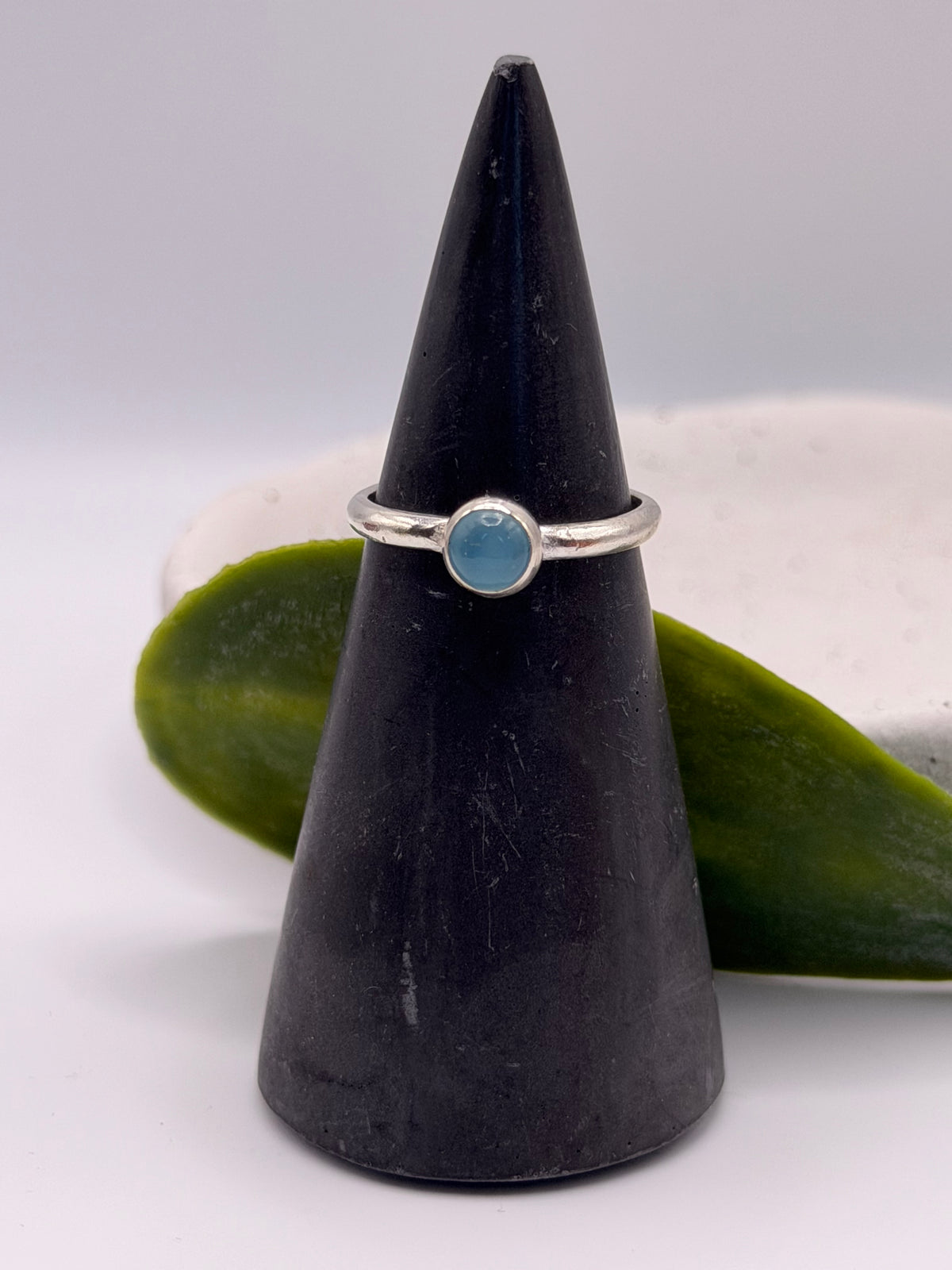 One-of-a-kind round blue chalcedony ring from the Stone + Silver collection by Wild One Jewellery, featuring a smooth blue gemstone cabochon set on a simple sterling silver band.
