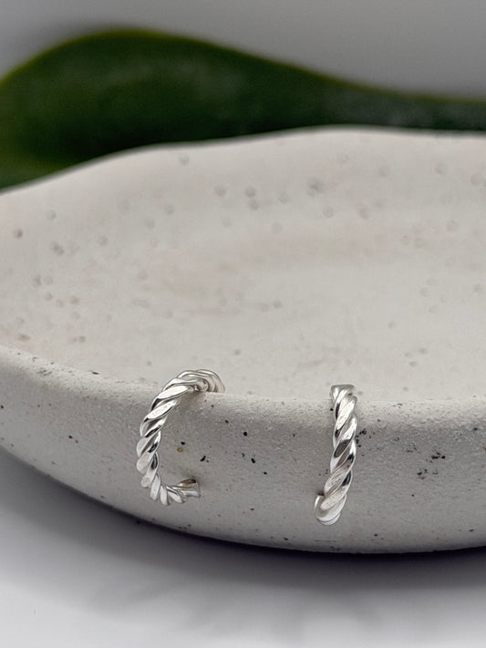 Textured sterling silver rope hoop earrings designed for everyday wear, handmade in small batches using recycled silver by Wild One Jewellery in Lincolnshire.