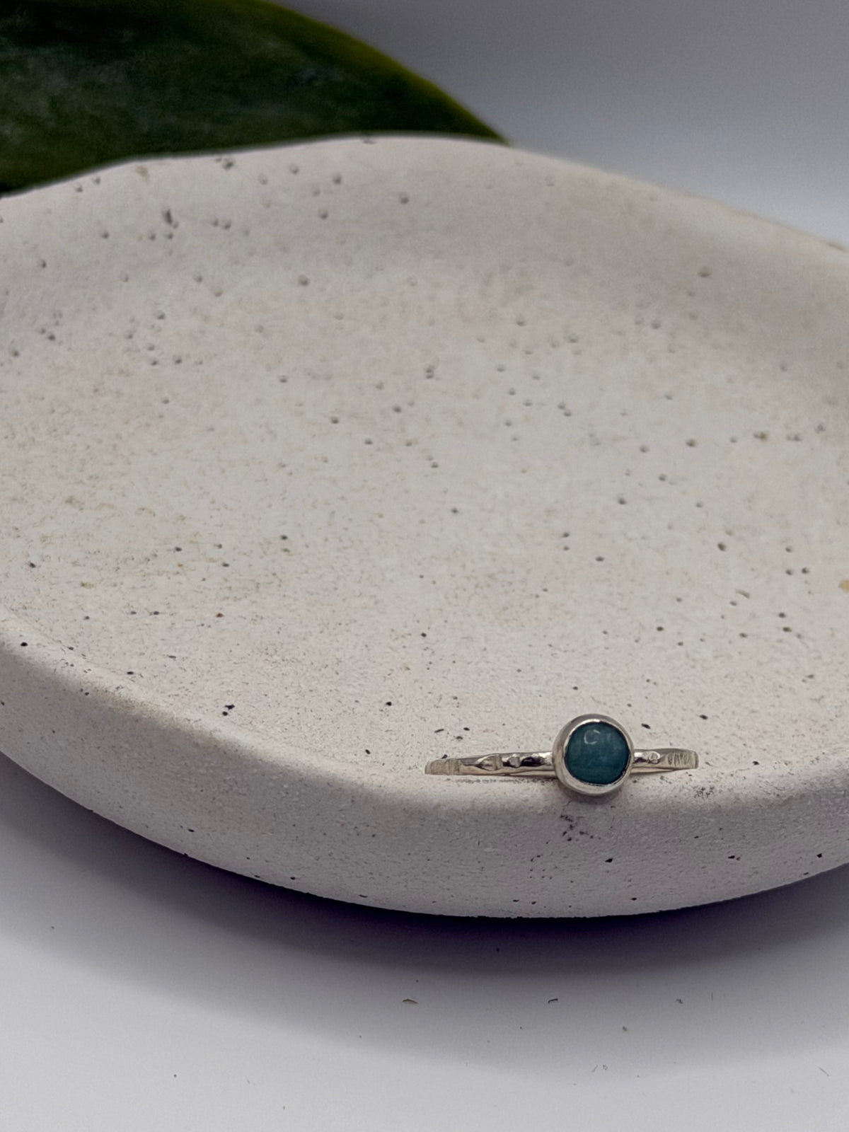 One-of-a-kind oval amazonite ring from the Stone + Silver collection by Wild One Jewellery, featuring a blue-green amazonite cabochon with natural markings set in a sterling silver band.