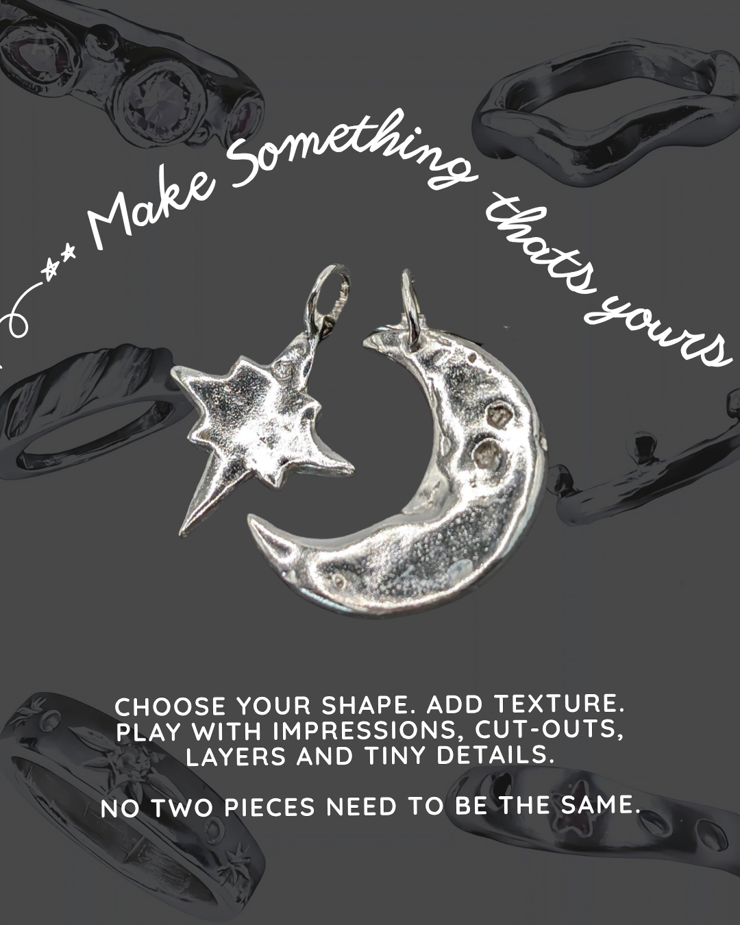 Handmade fine silver star and moon charms created during a Wild One Metal Clay Play jewellery workshop