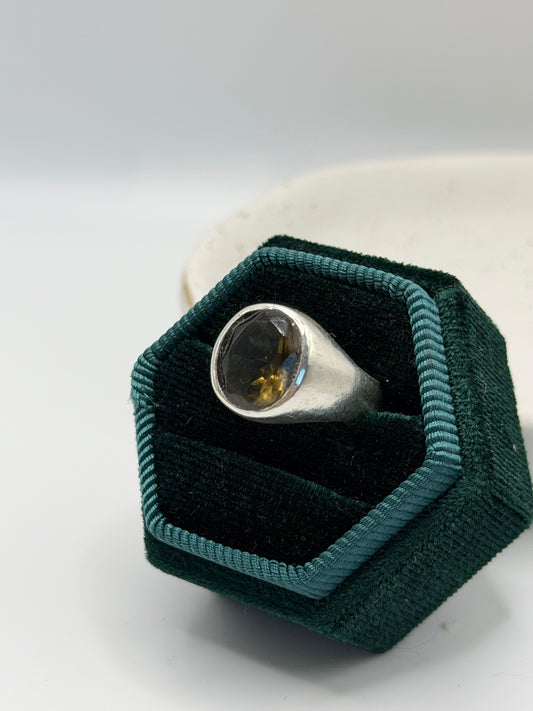 One-of-a-kind smoky quartz signet ring from the Stone + Silver collection by Wild One Jewellery, featuring a translucent smoky brown gemstone set in a sterling silver signet setting.