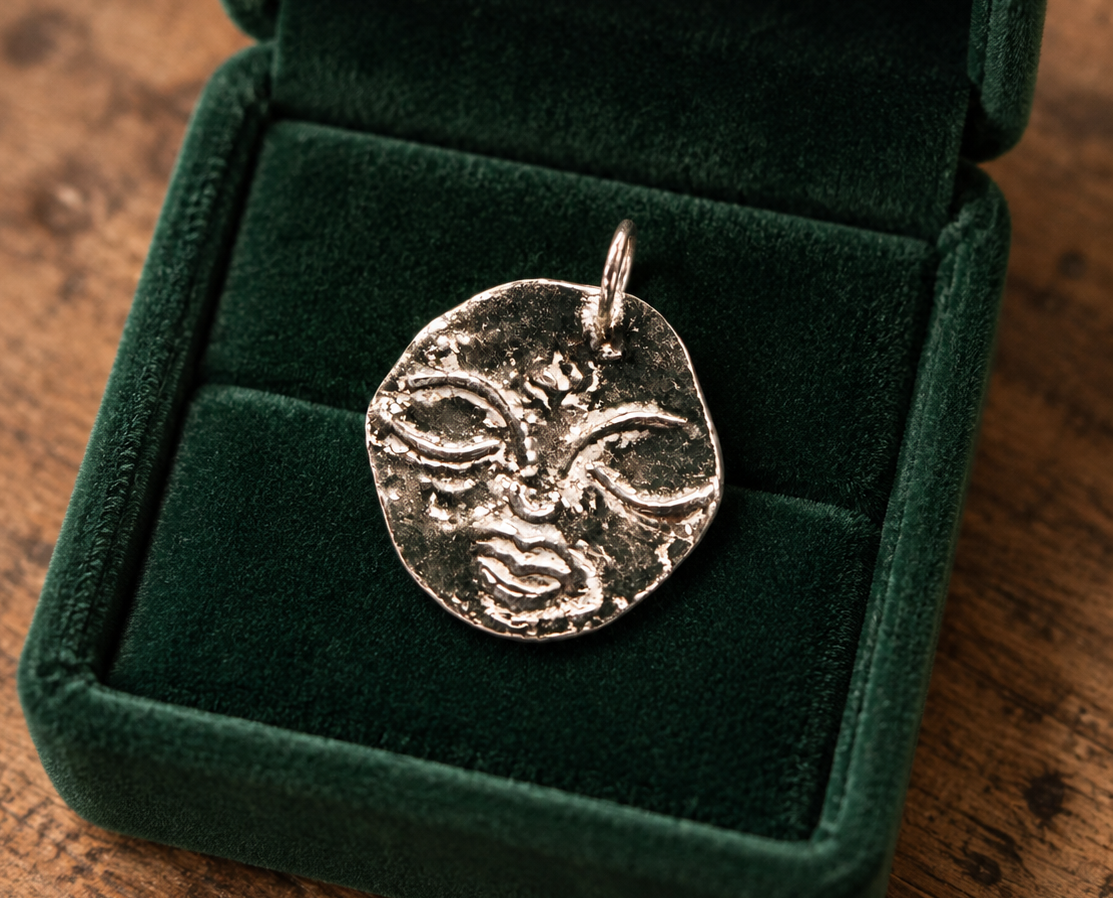 Fine silver moon pendant handmade during the Wild Things Metal Play jewellery workshop in Lincoln