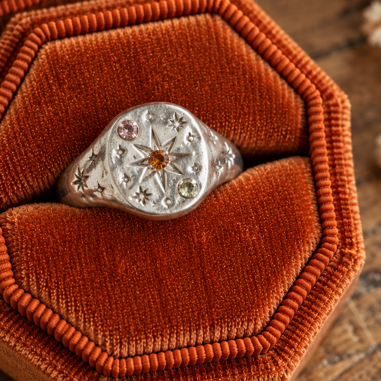 Handcrafted sterling silver statement ring with sun and star details and colourful gemstones, displayed in an orange velvet ring box